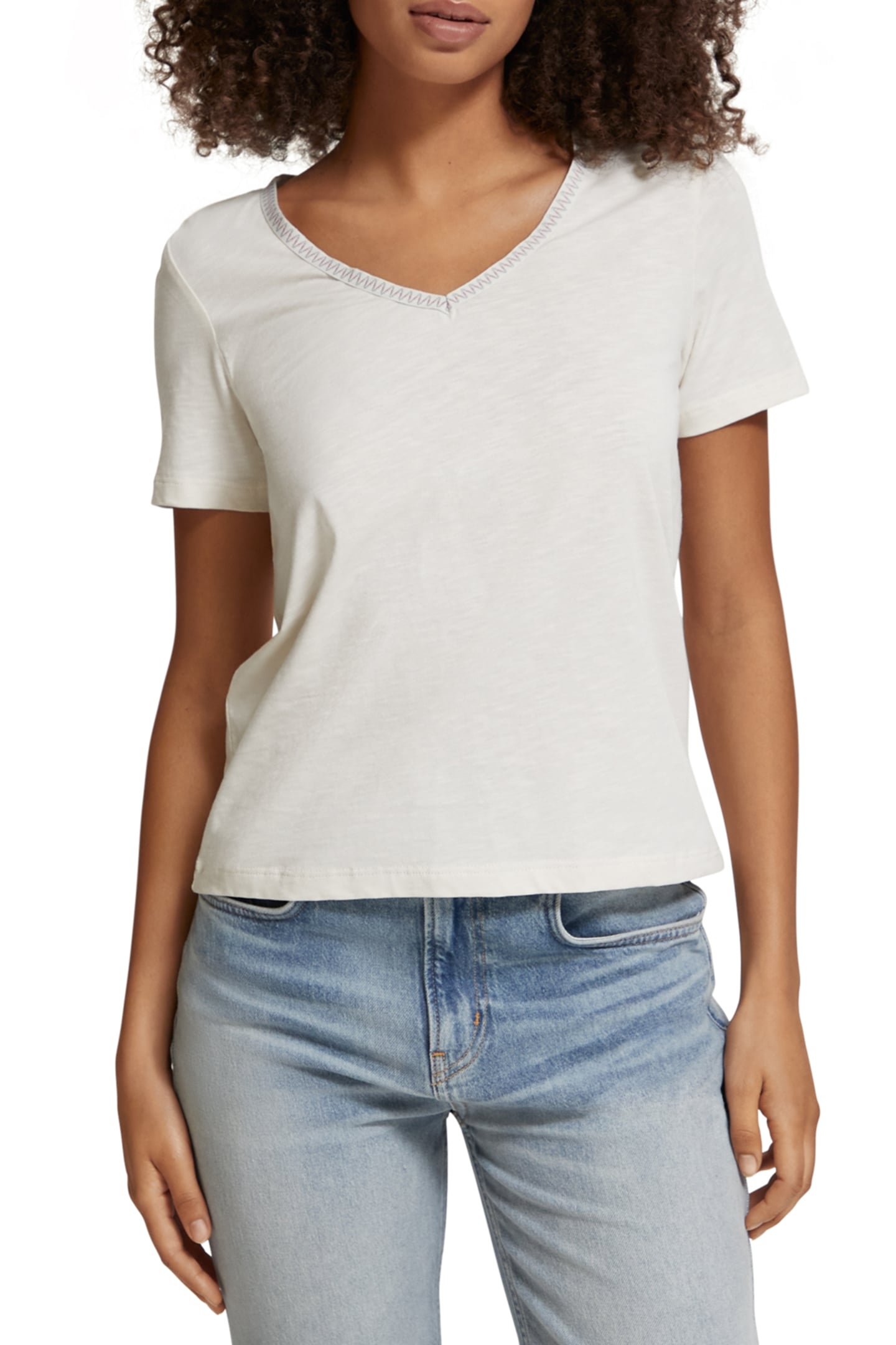 WOVEN TRIM V-NECK T-SHIRT SOFT ICE 1