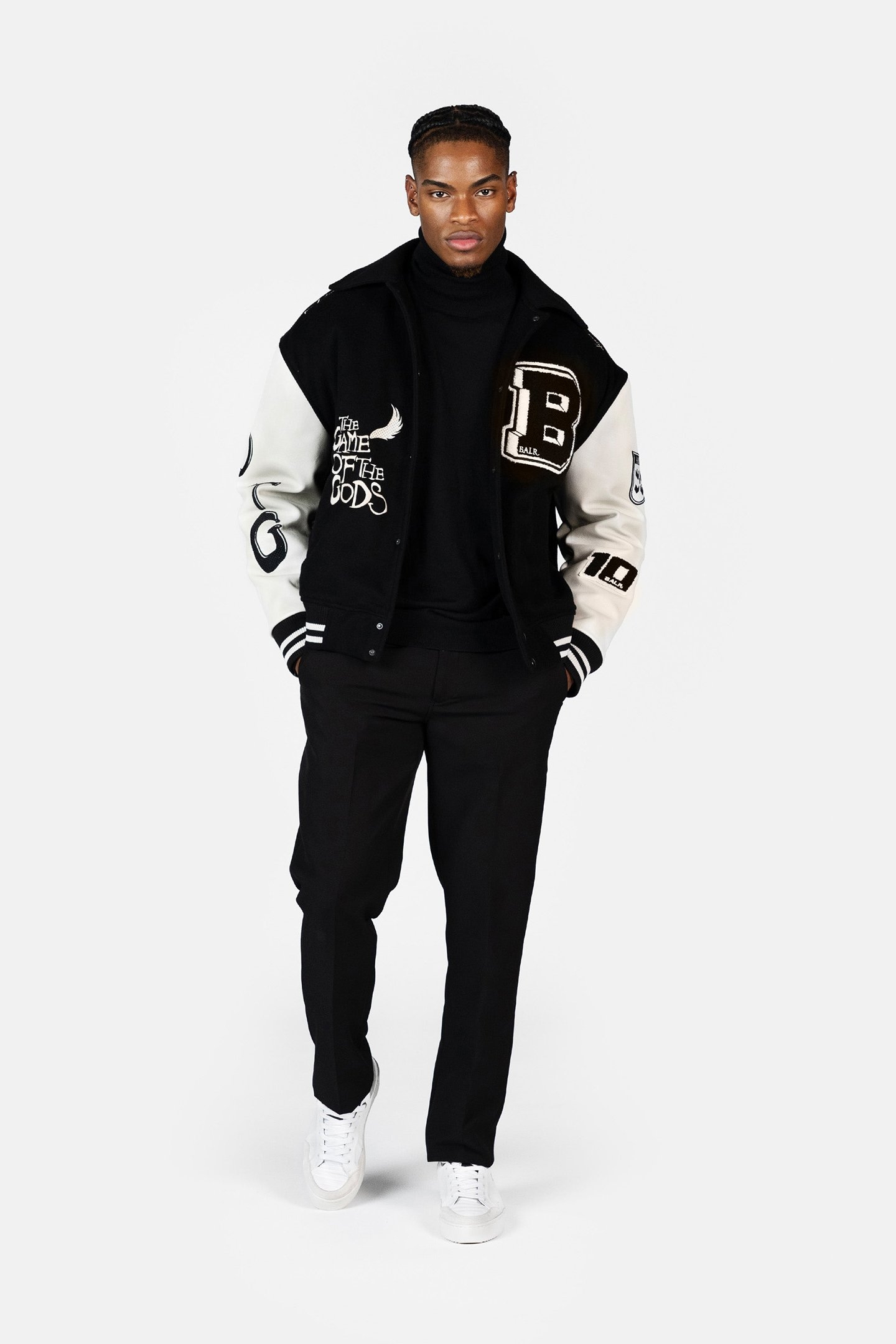 GAME OF THE GODS GRAFFITI BOX FIT VARSITY JACKET JET BLACK 1
