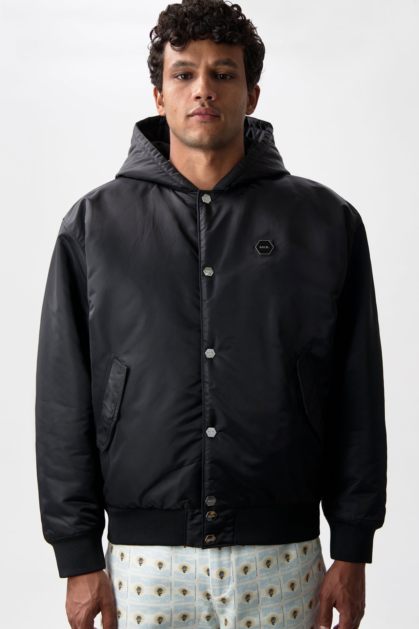 HEX BADGE HOODED BOMBER JACKET JET BLACK 1