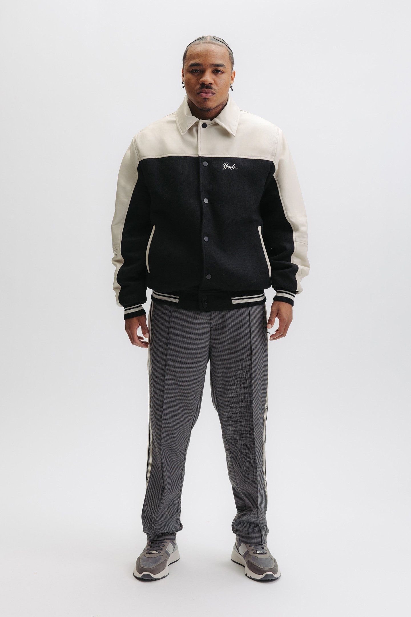 PHIL LEATHER BOMBER JACKET EGRET/JET BLACK 1