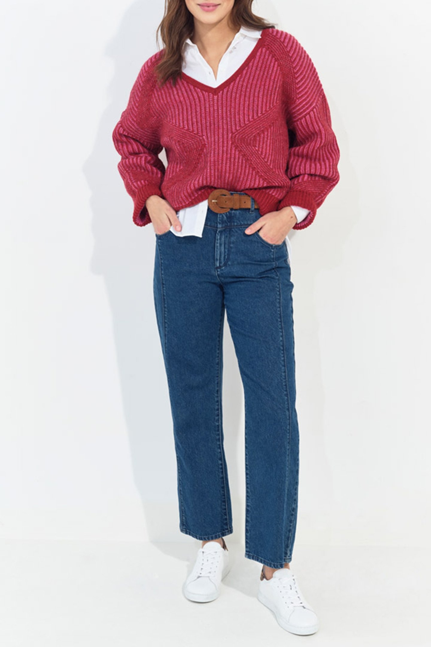THORY - RED V-NECK SWEATER IN TWO-TONE RIBBED KNIT 3
