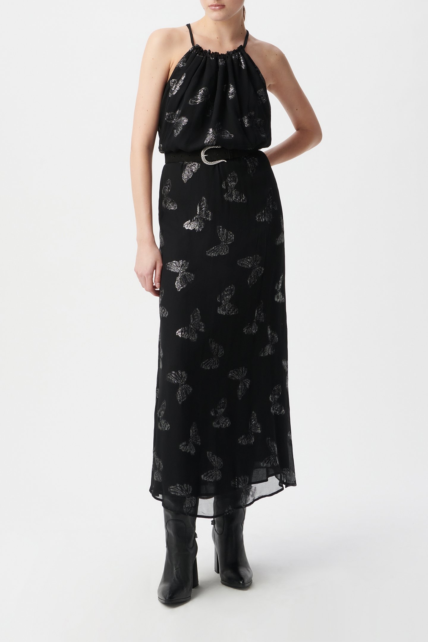 BLACK JACQUARD LUREX BUTTERFLY MAXI DRESS 1