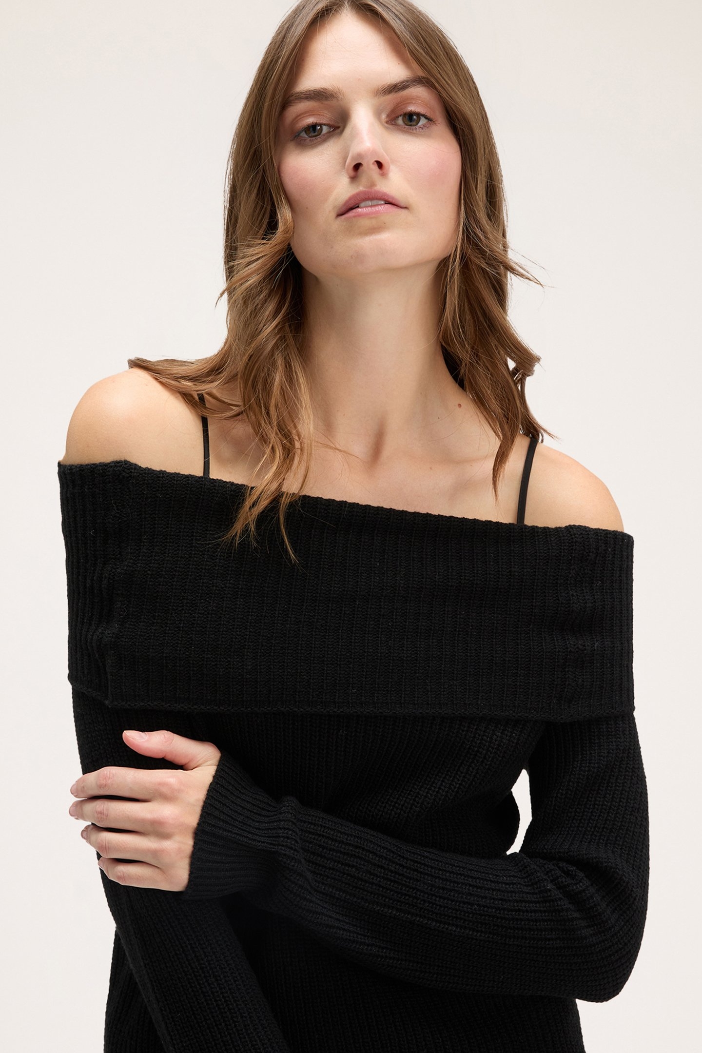 OFF-SHOULDER KNIT DRESS WITH SLIP BLACK 5