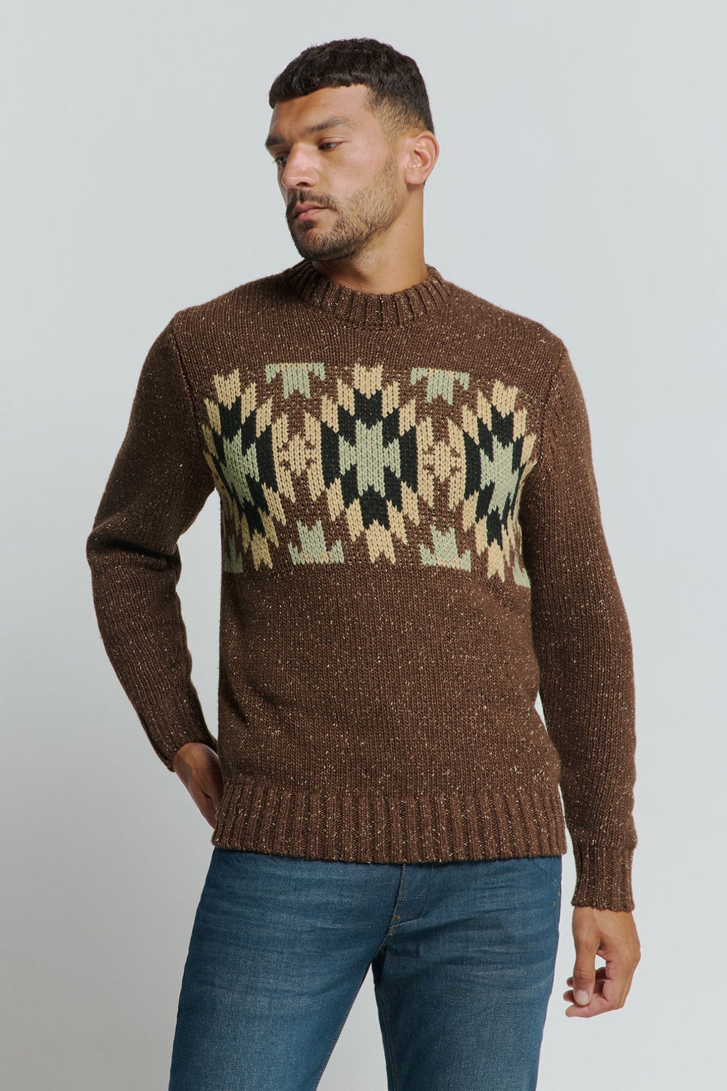 PULLOVER CREWNECK JACQUARD PATTERN WITH SILK BROWN 1