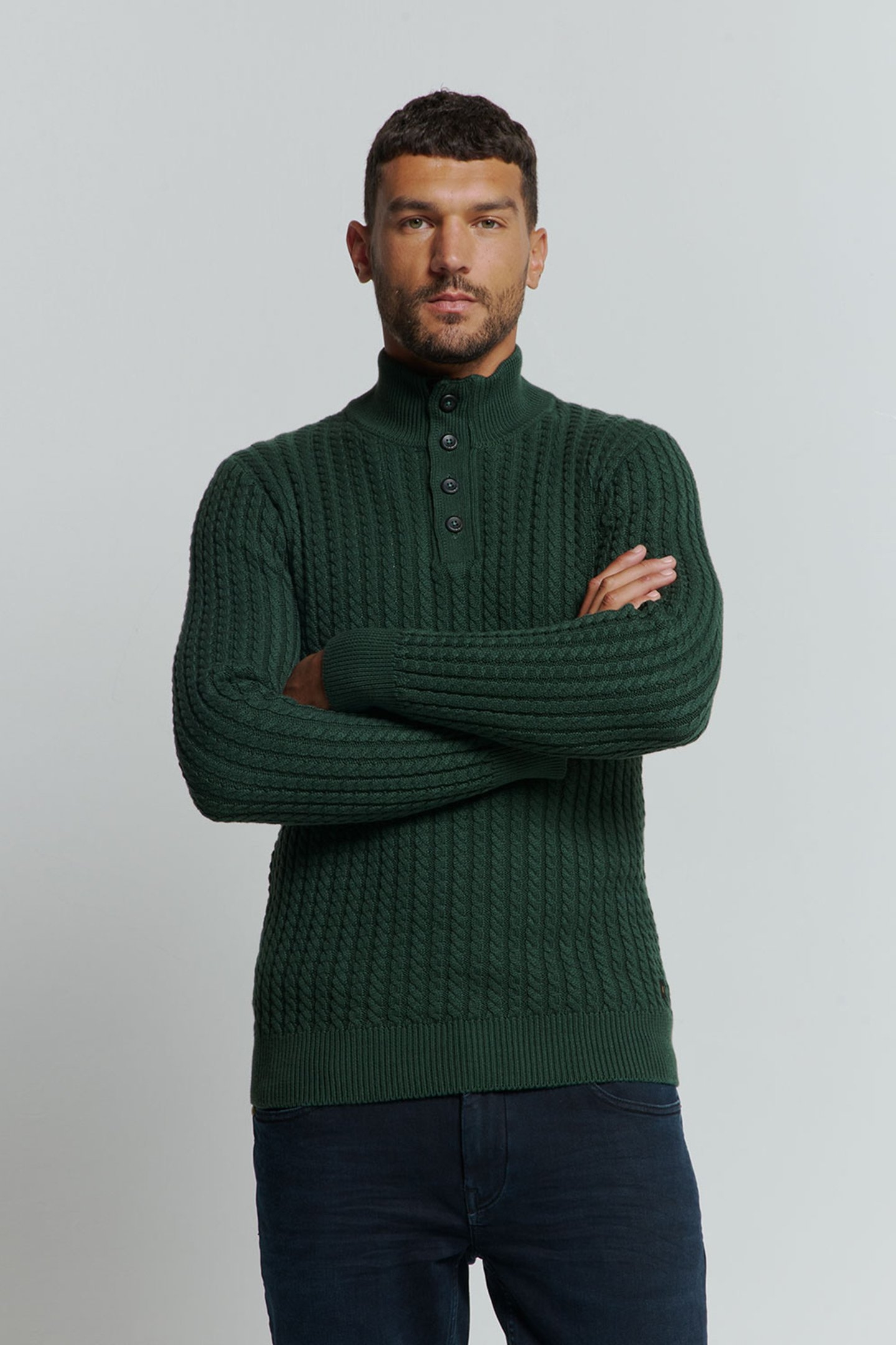 PULLOVER HALF ZIPPER AND BUTTON SOLID JACQUARD DARK GREEN 1