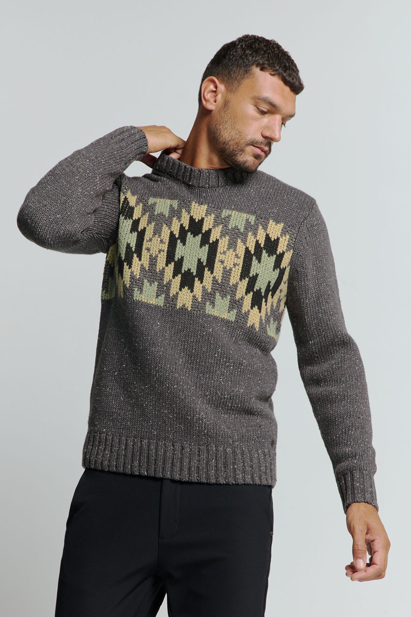 PULLOVER CREWNECK JACQUARD PATTERN WITH SILK DARK GREY 1