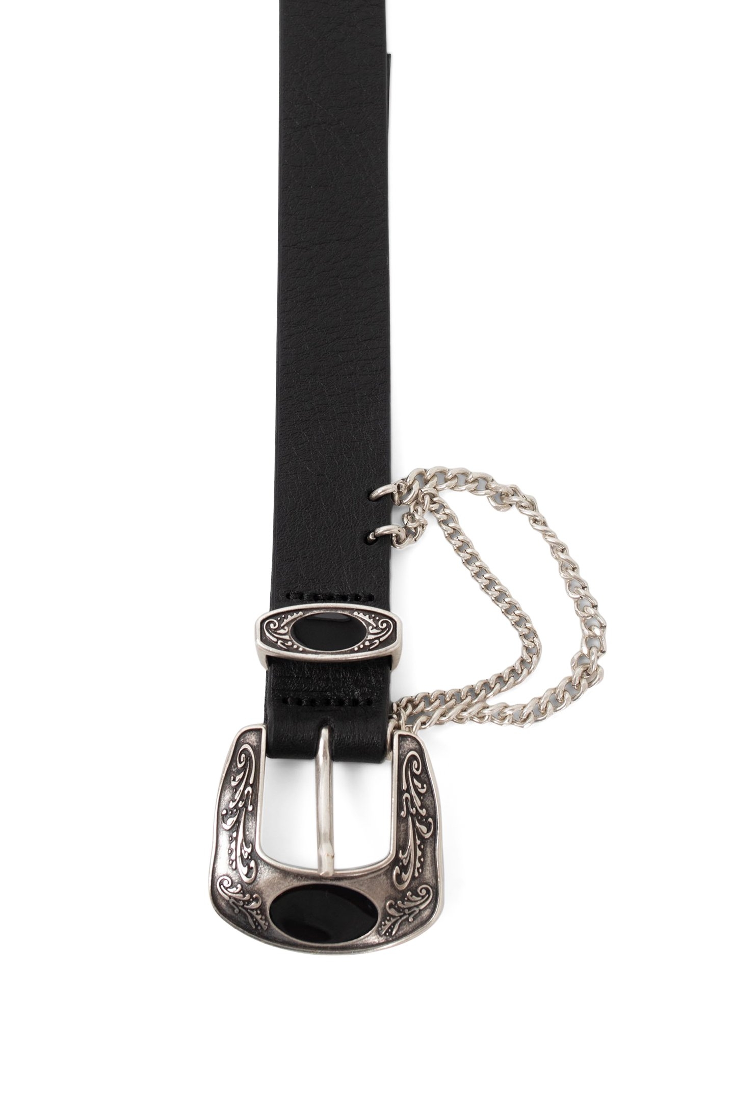 BLACK LEATHER BELT WITH ENGRAVED BUCKLE AND CHAINS BLACK 5