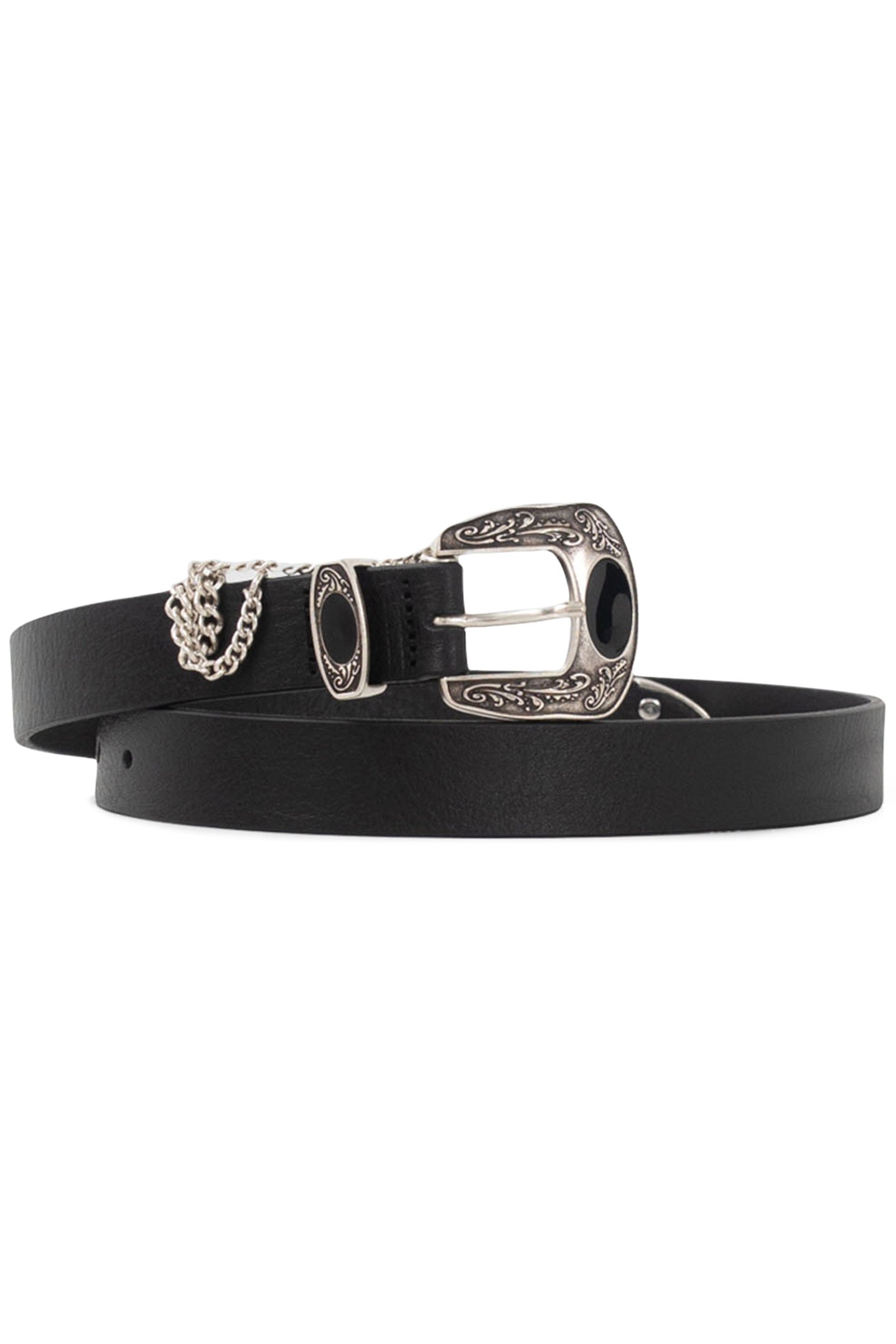 BLACK LEATHER BELT WITH ENGRAVED BUCKLE AND CHAINS BLACK 1