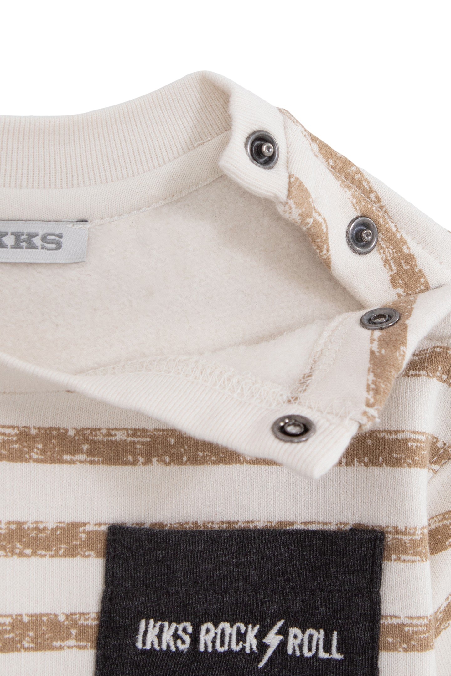 BABY BOY'S ECRU SWEATSHIRT, CAMEL STRIPES AND GREY POCKET 4