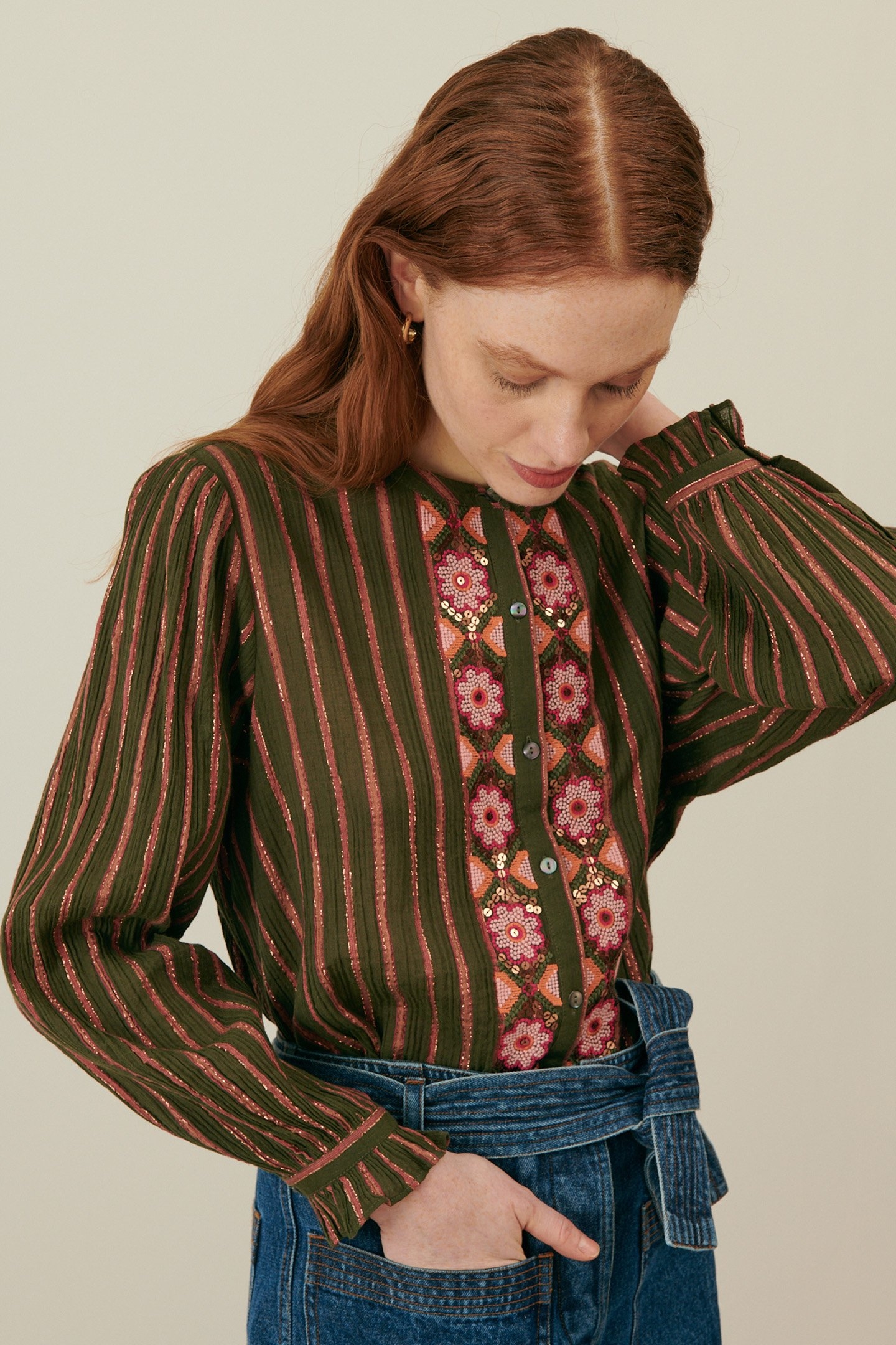 BLOUSE JEANNIA KHAKI COPPER STRIPES 4