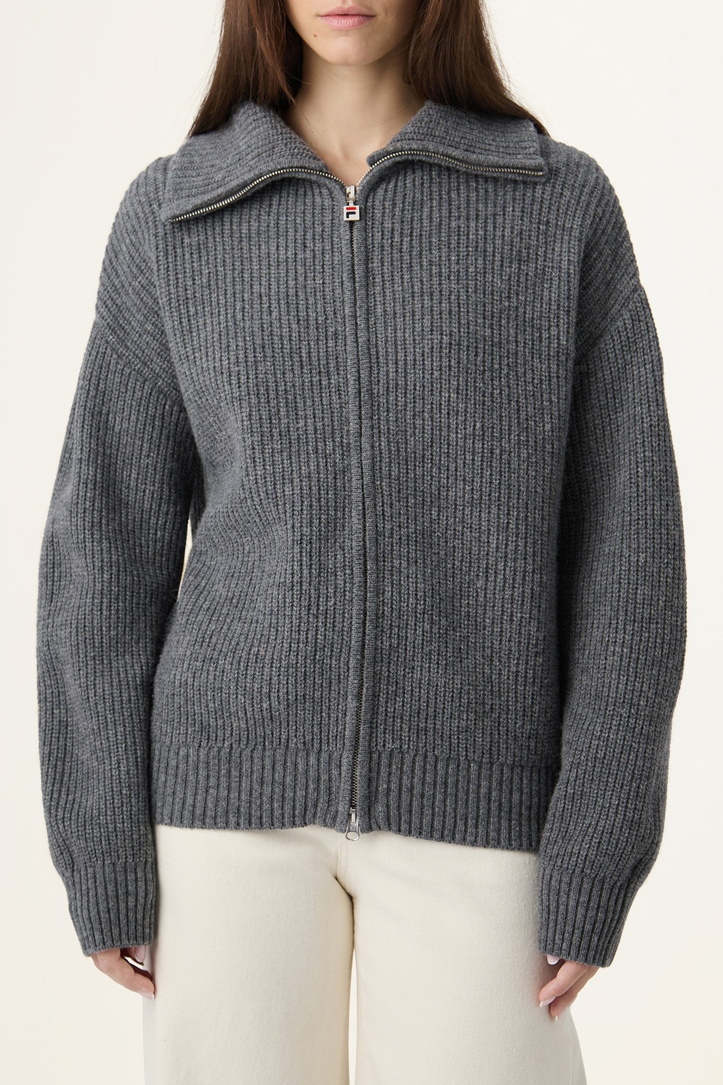 GIOVANNI RELAXED HIGH COLLAR FULL-ZIP KNIT SWEATER GREY MELA 1