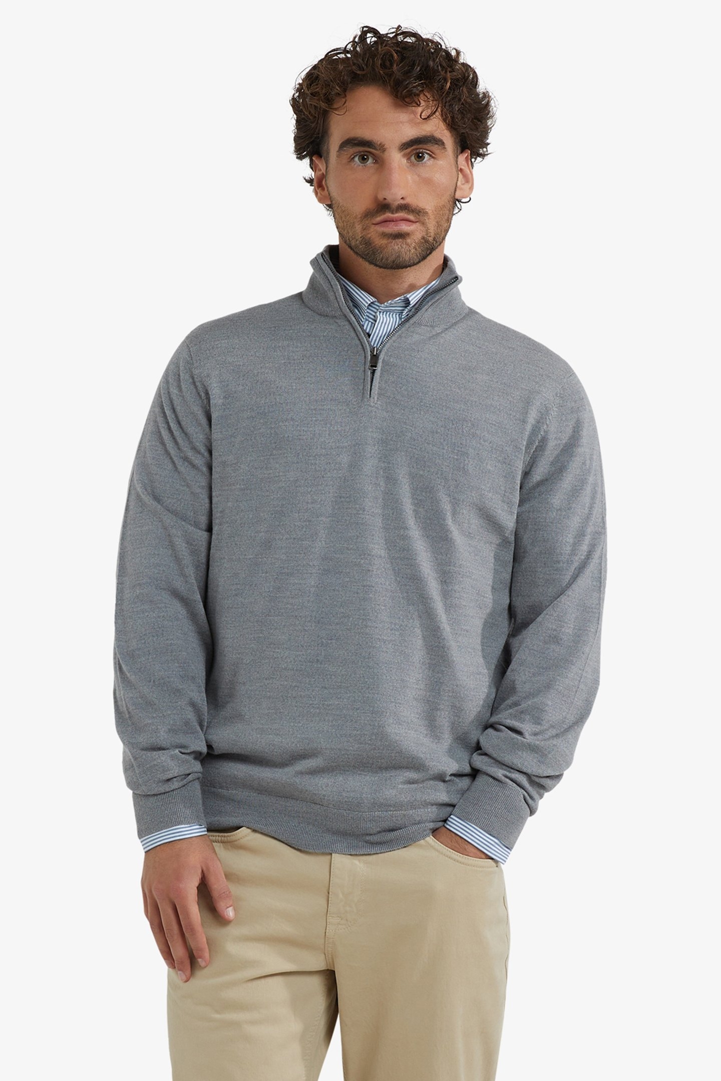 FINE MERINO ZIP MOCK SWEATER MEDIUM GREY MELANGE 1