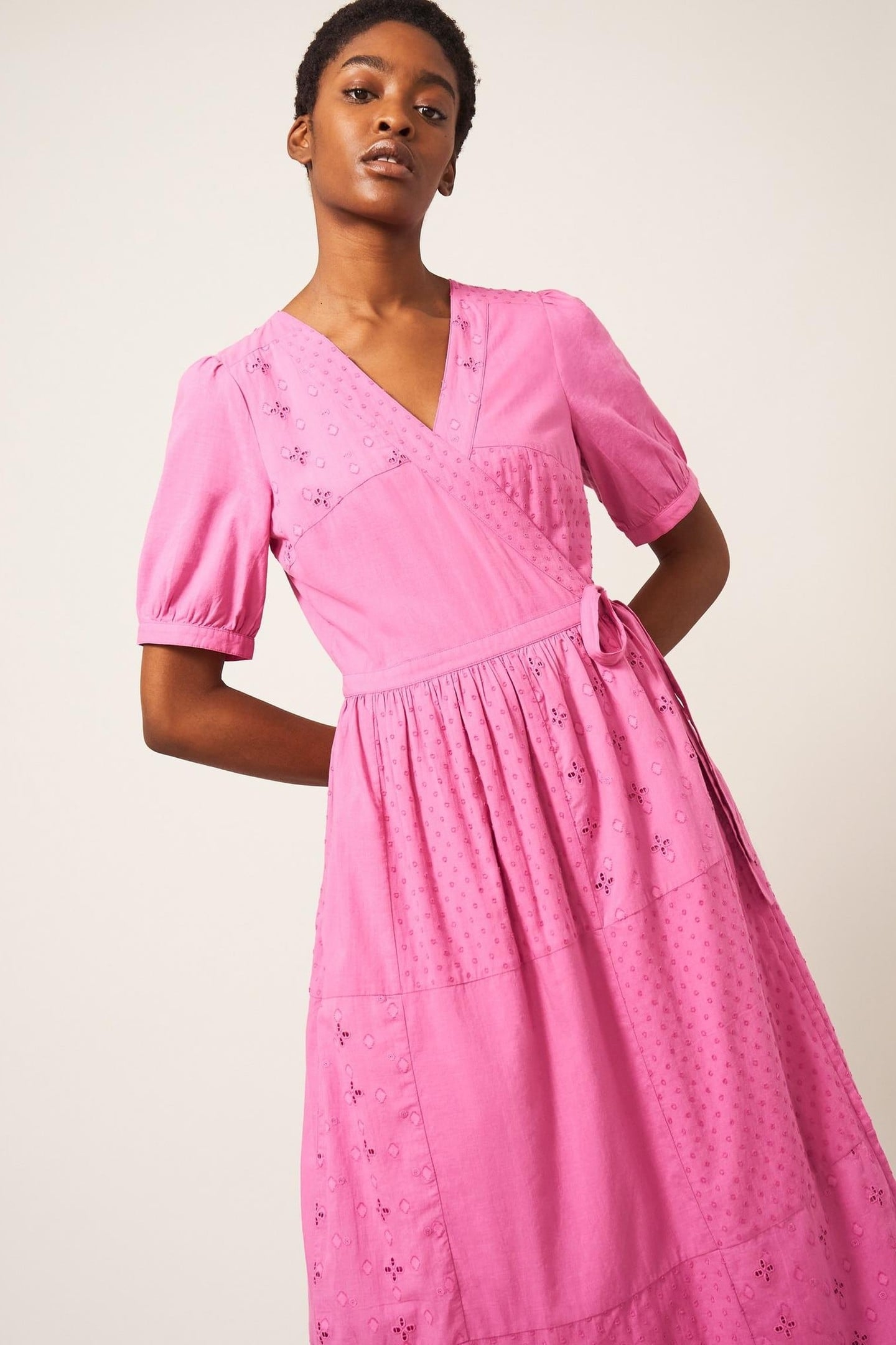 PATCHWORK BRODERIE MIDI DRESS BRIGHT PINK 1