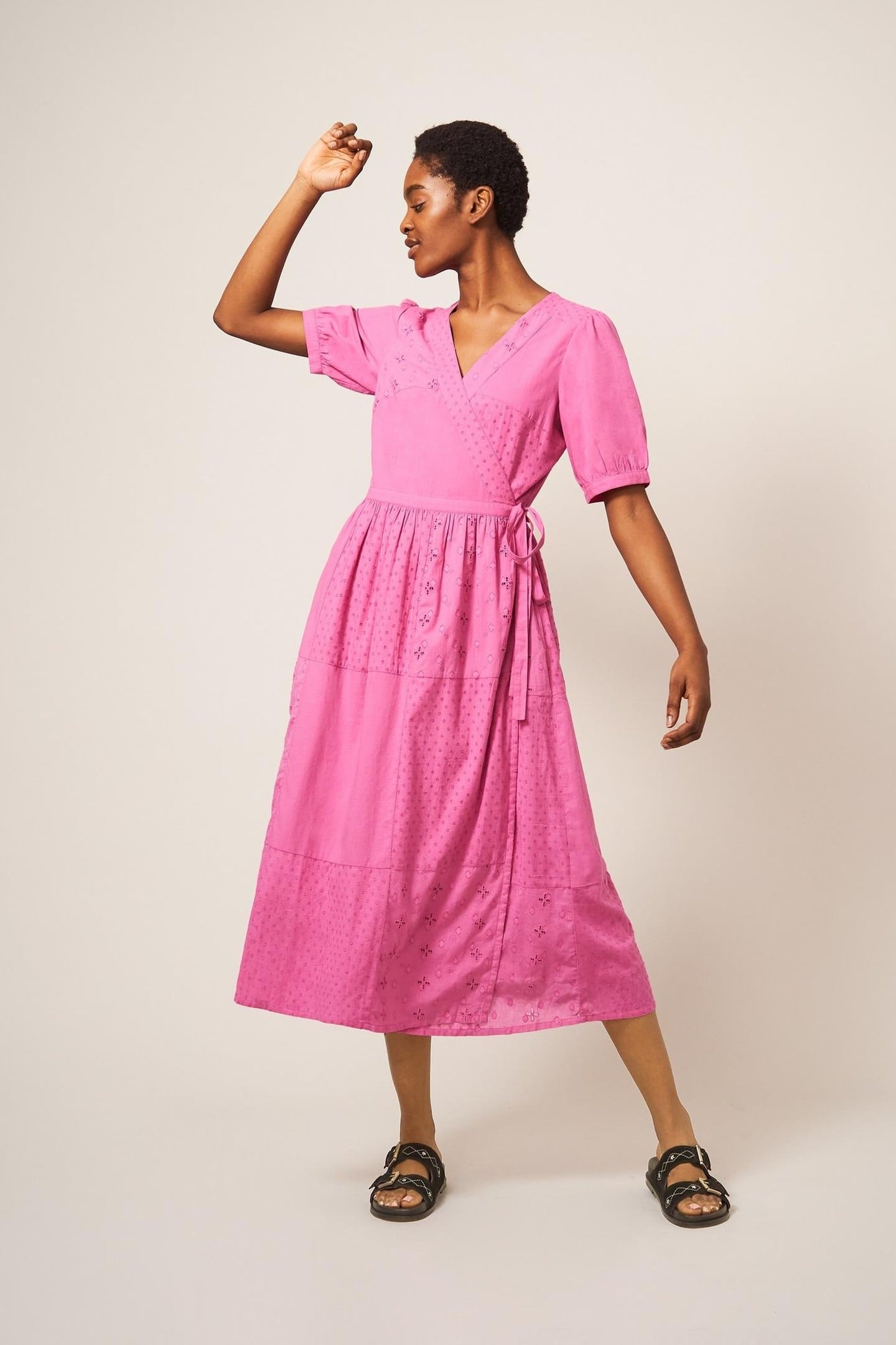 PATCHWORK BRODERIE MIDI DRESS BRIGHT PINK 2