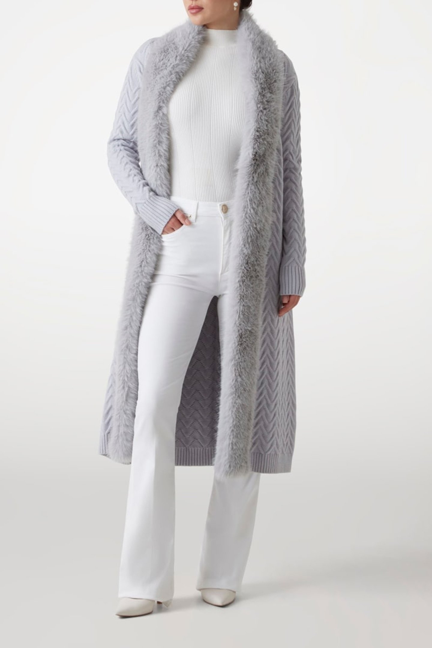 MARCIANO BY GUESS PAULA FAUX FUR LONG CARDI SILK GRAY 1