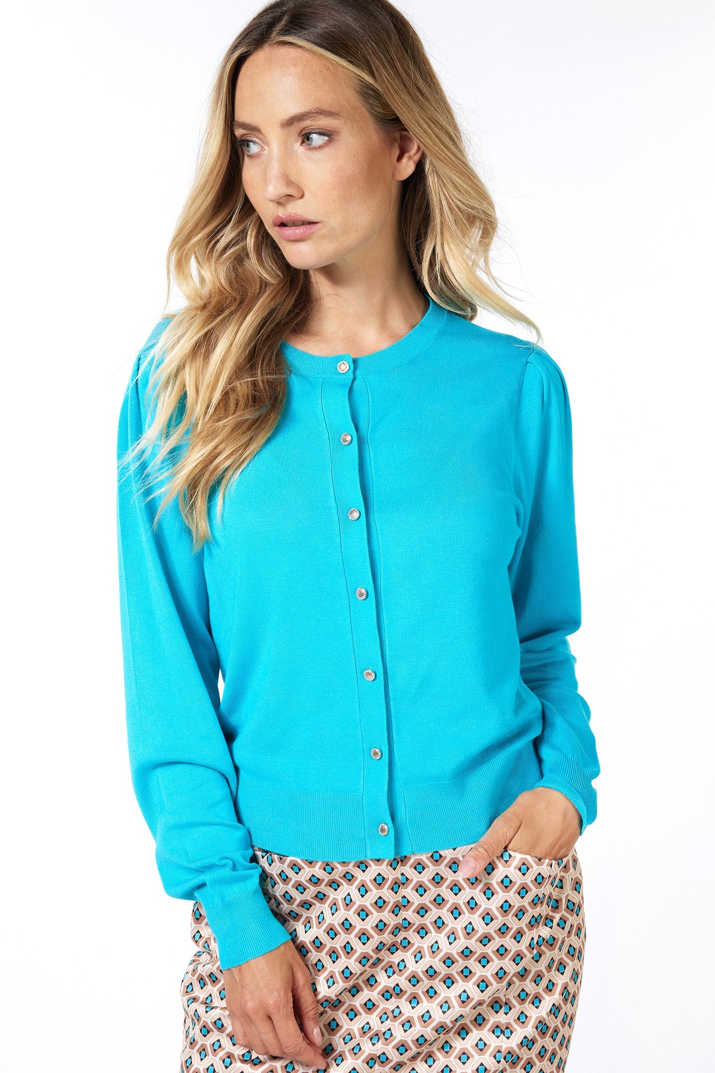 CARDIGAN PUFF SLVE BASIC KNIT PEACOCK BLUE 1