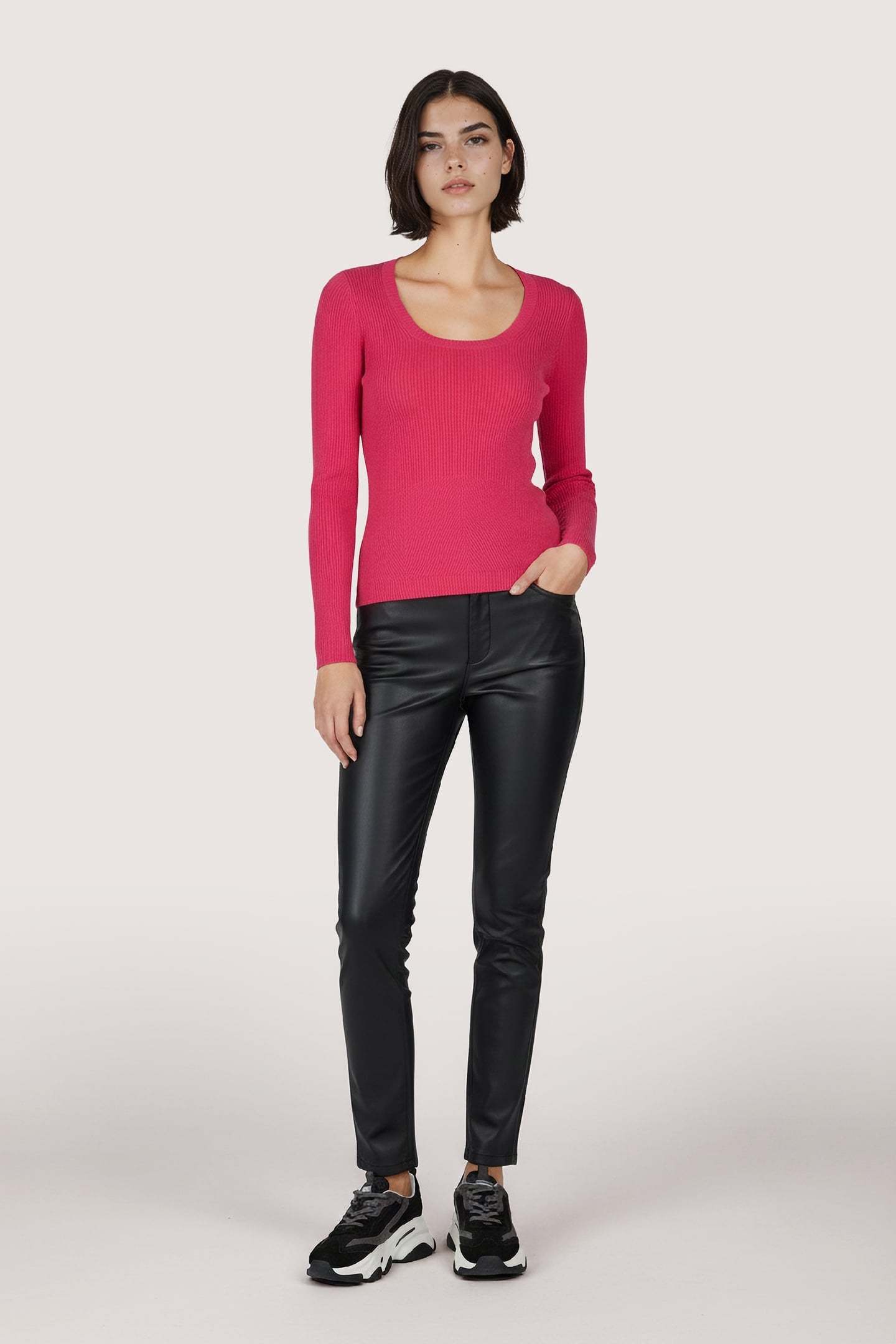 SWEATER DEEP ROUND NECK RIB FUCHSIA 2