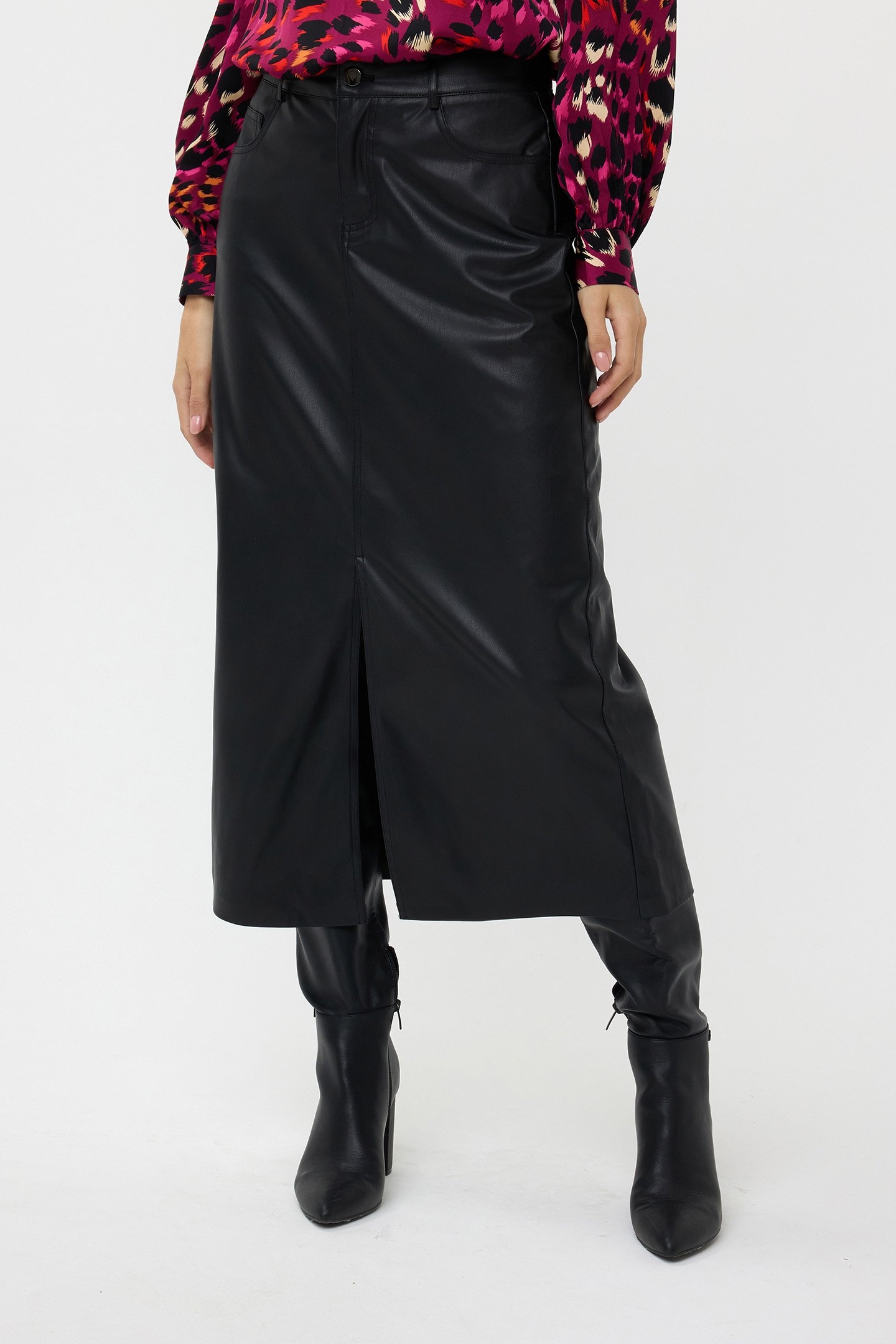 SKIRT LONG SPLIT VEGAN LEATHER BLACK 1