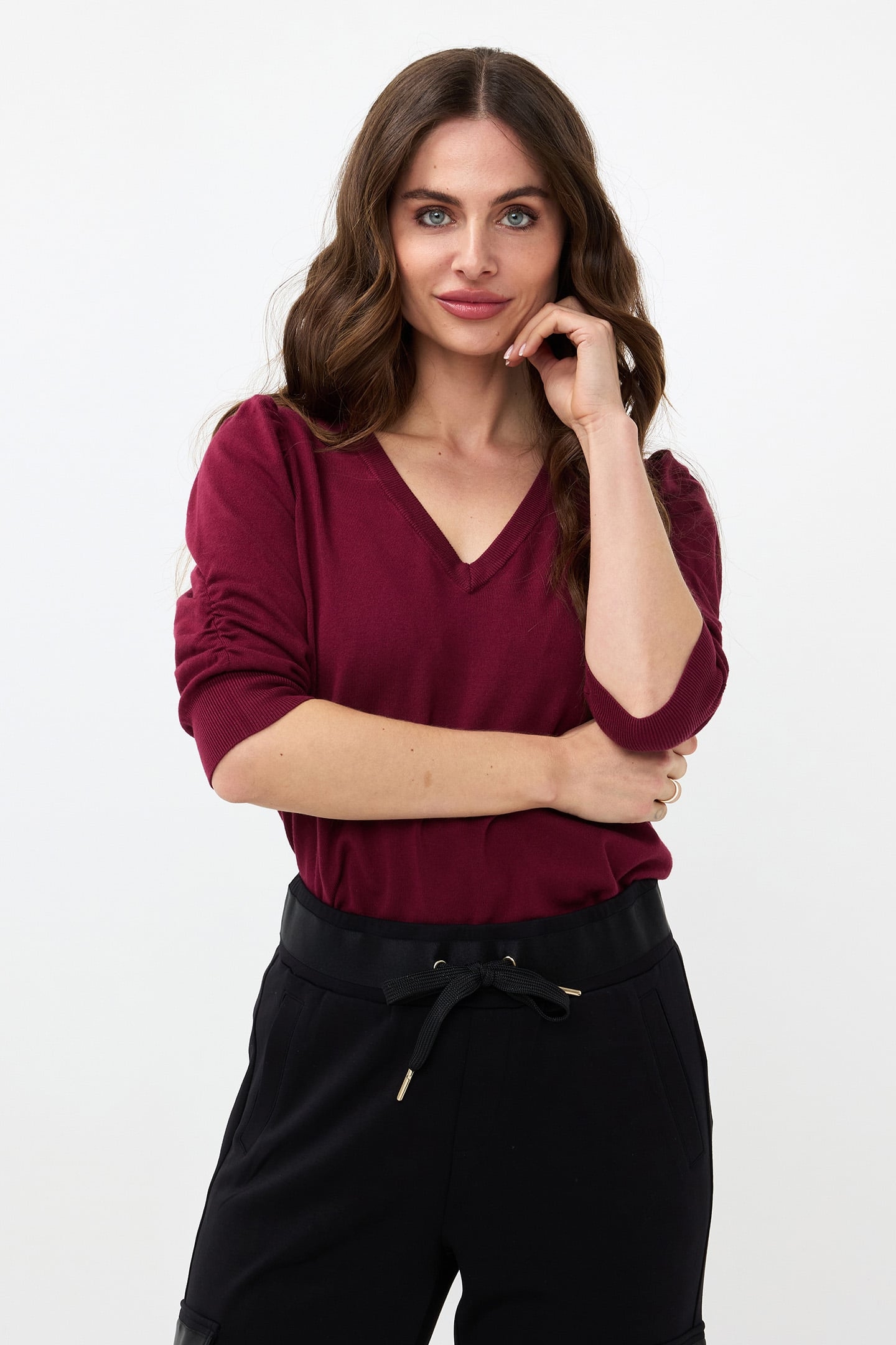 SWEATER SHORT PUFF SLVE BASIC KNIT WINE RED 1