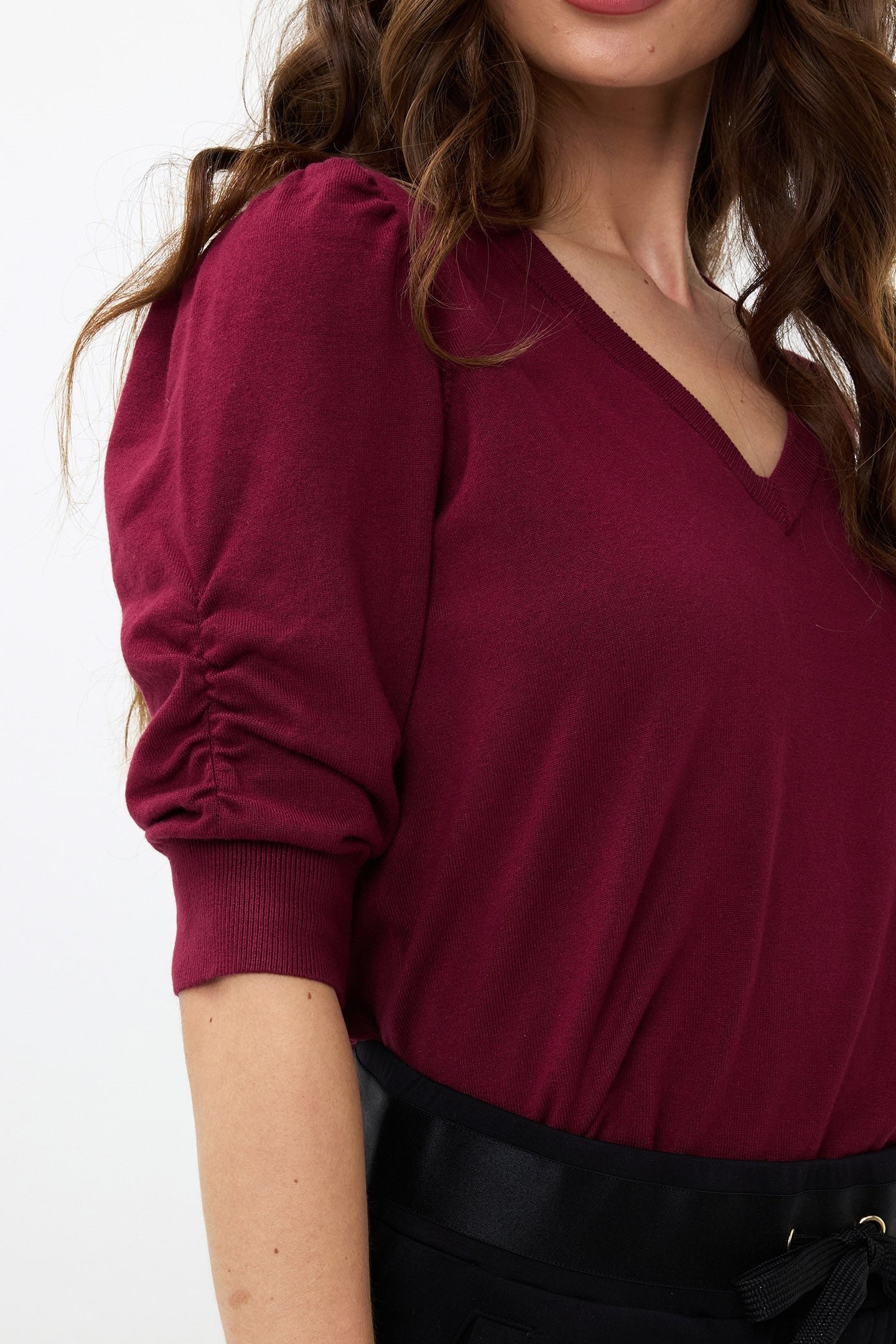 SWEATER SHORT PUFF SLVE BASIC KNIT WINE RED 6