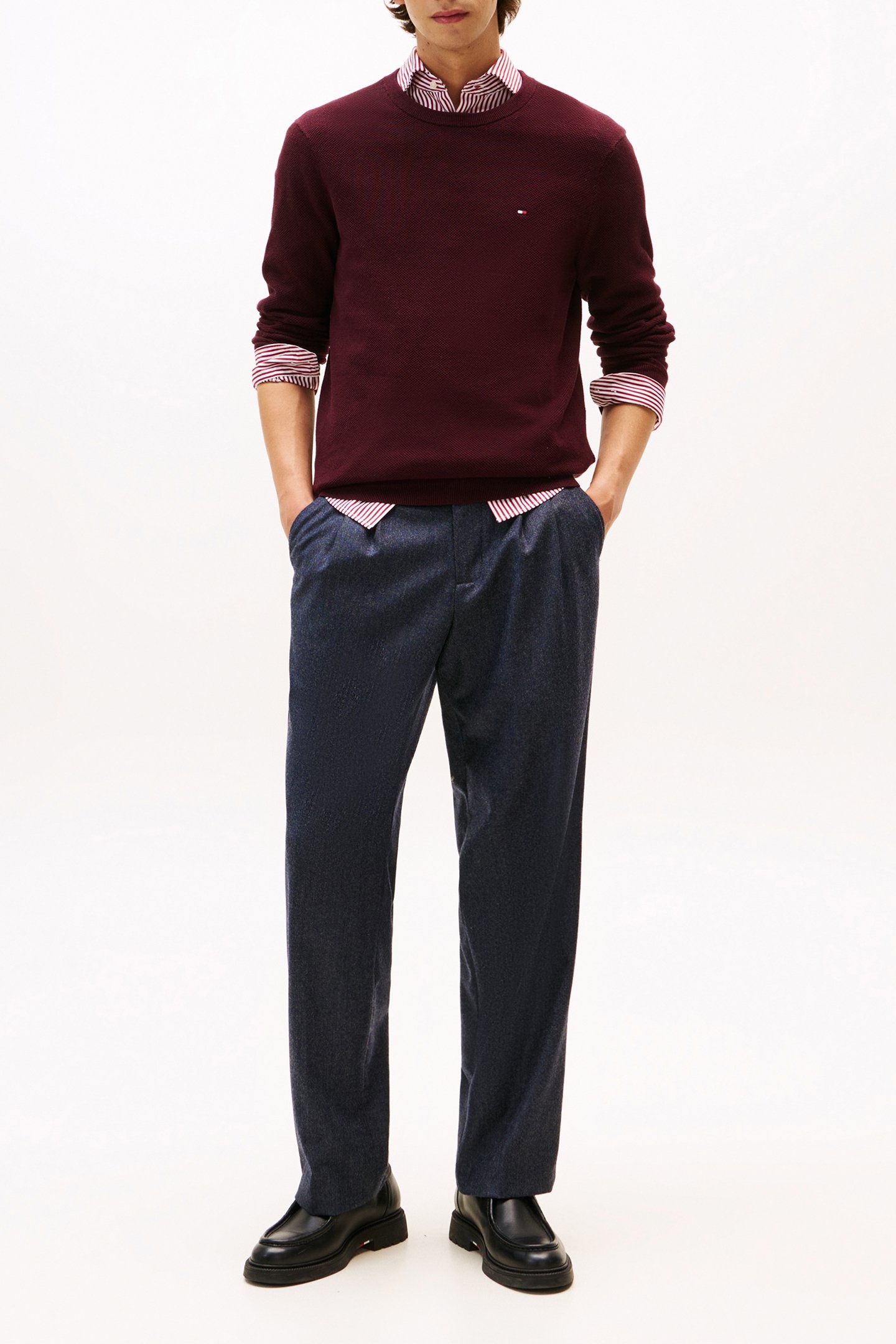 FLAG EMBROIDERY TEXTURED CREW NECK JUMPER DEEP BURGUNDY 1