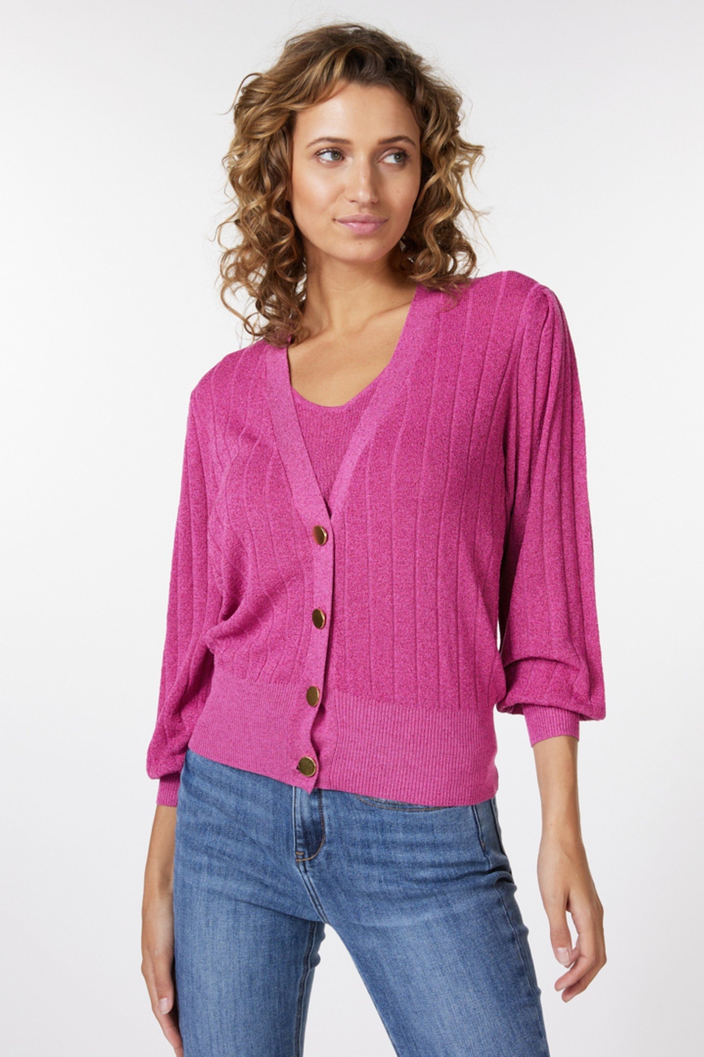 CARDIGAN PUFF SLEEVE RIB LUREX PINK 2