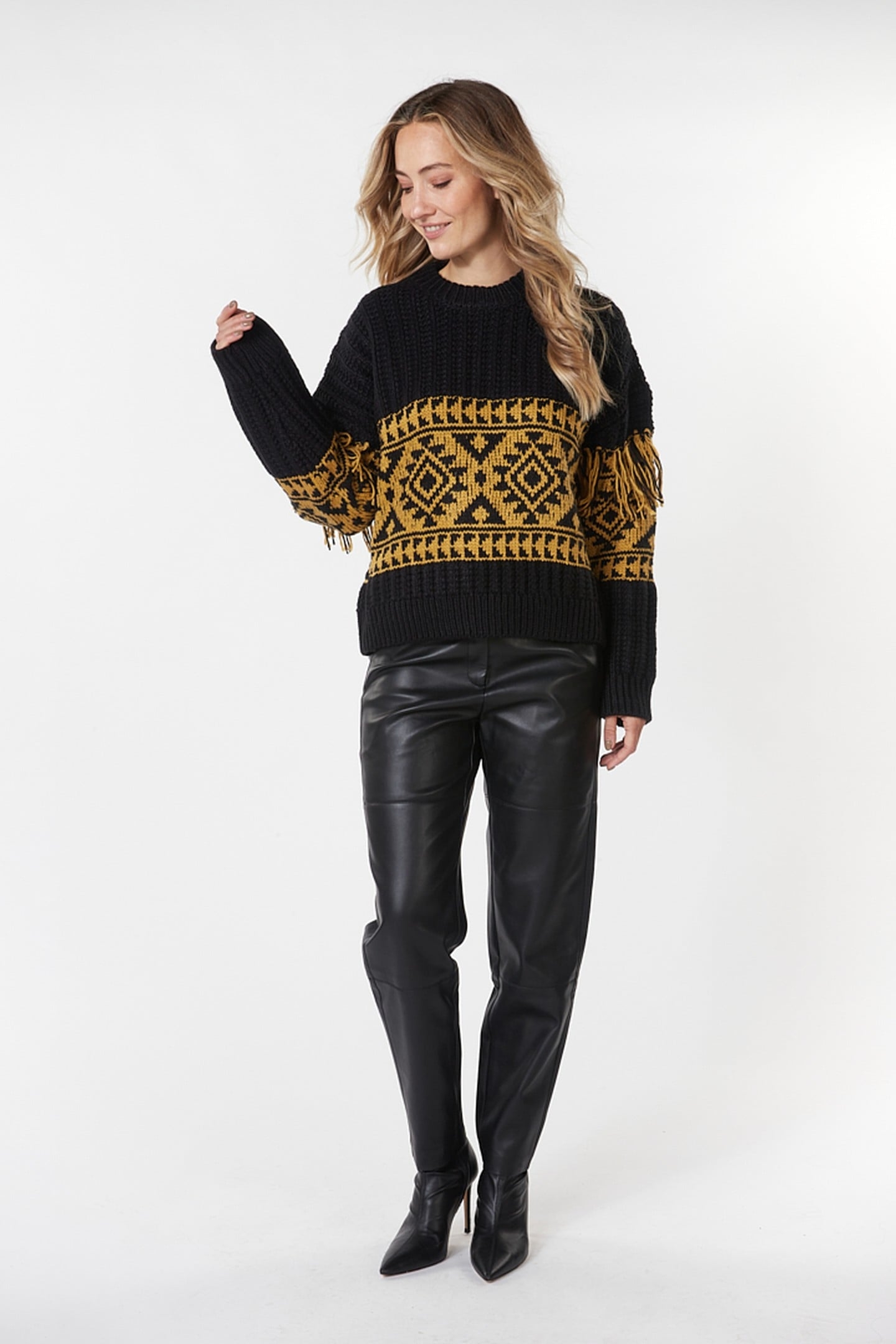 SWEATER JACQUARD FRINGES BLACK / OLIVE 1