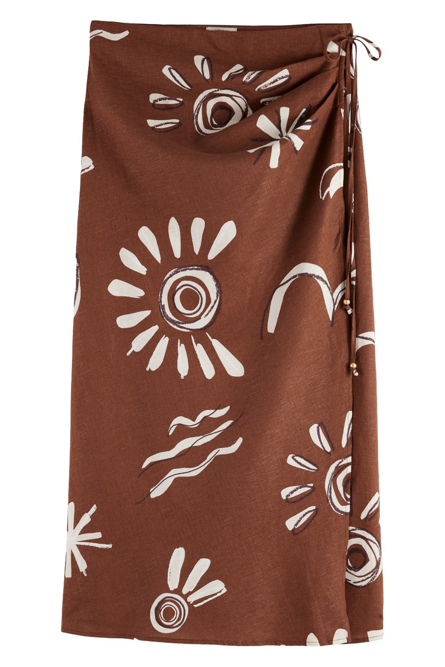 LINEN BLEND PRINTED WRAP SKIRT INKY SUN BROWN 5