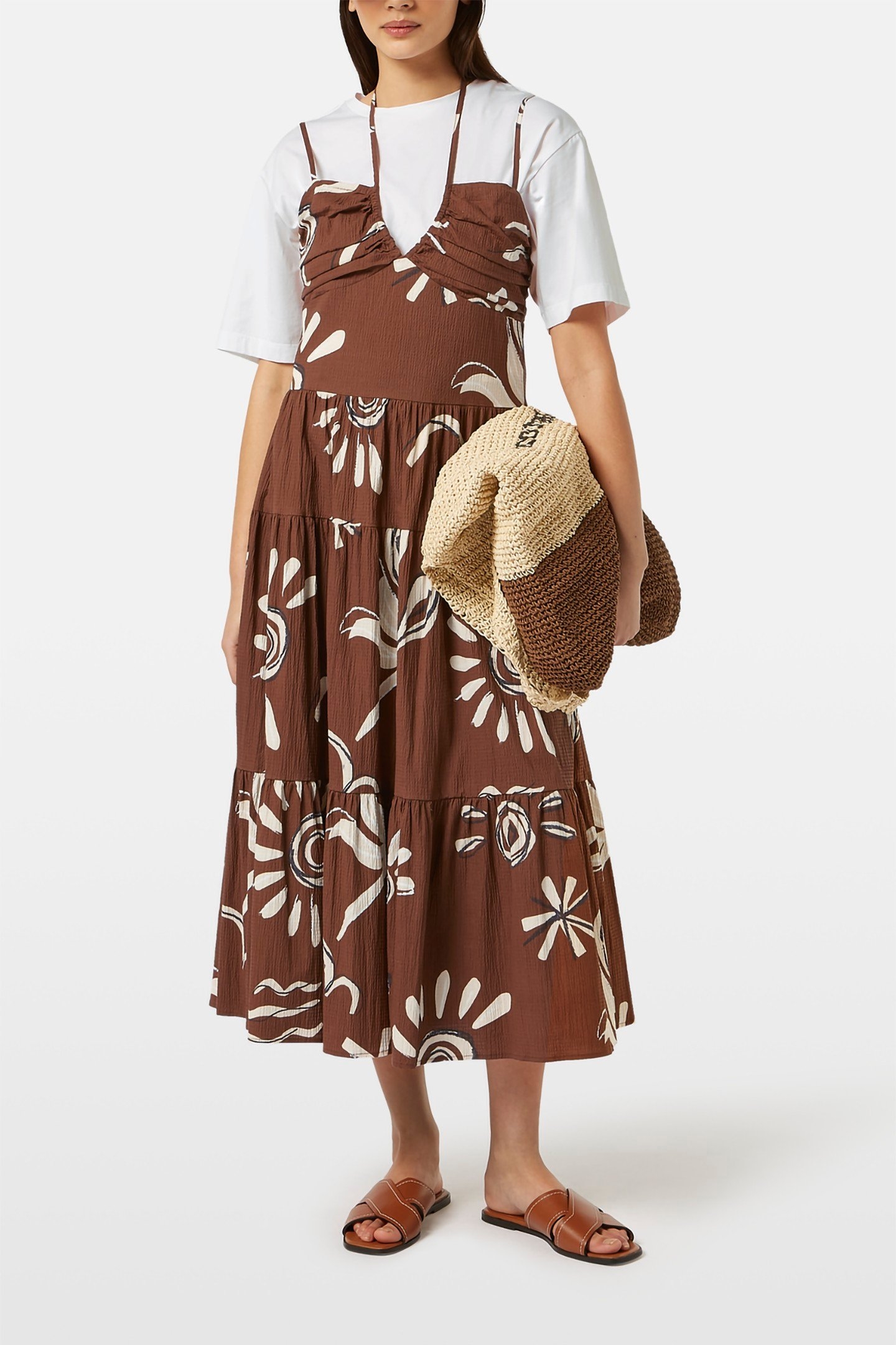 COTTON SEERSUCKER MIDI DRESS INKY SUN BROWN 1