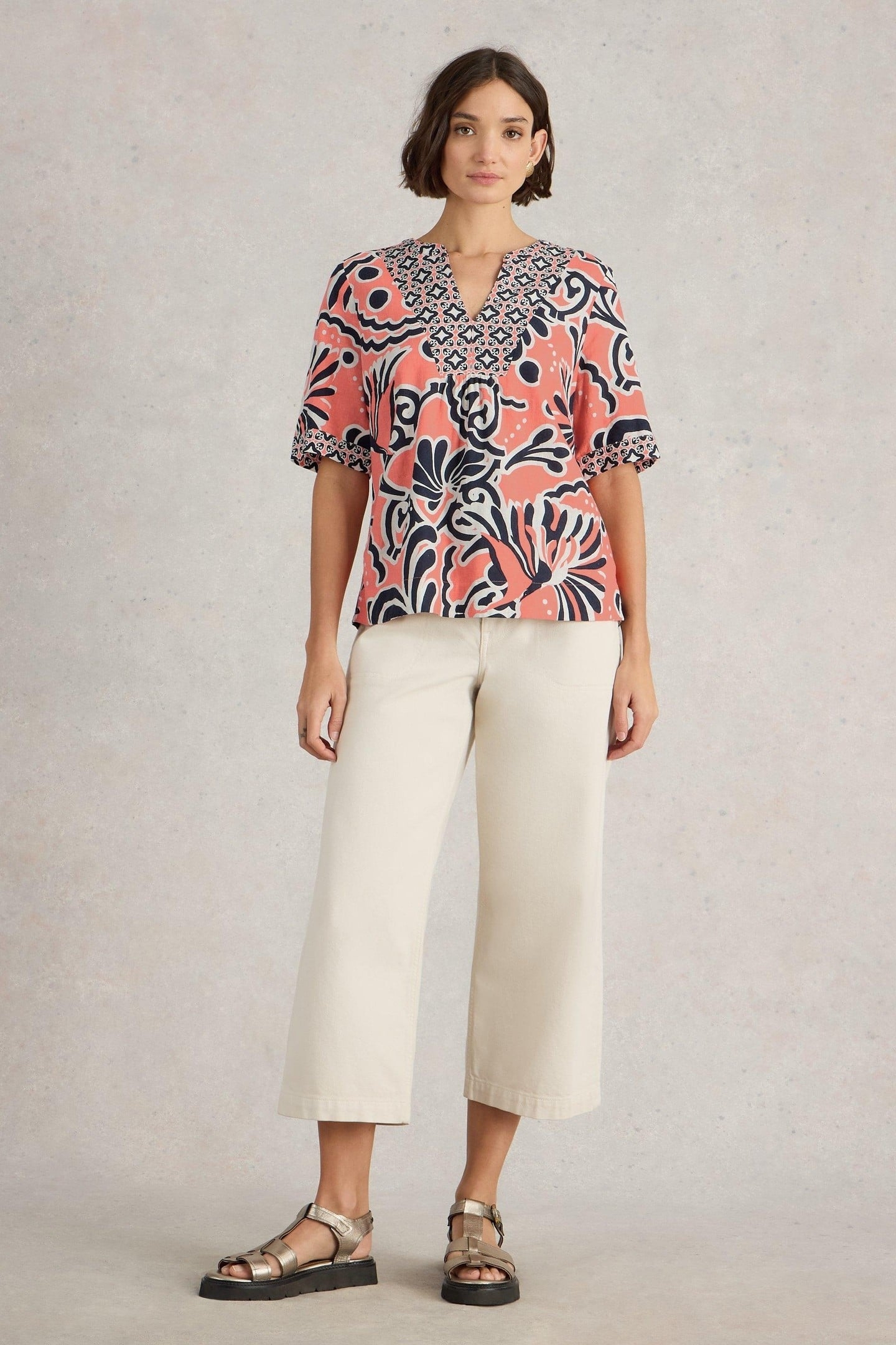 ASH LINEN BLEND TOP CORAL PRINT 2
