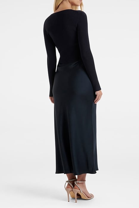 ALICIA LONG SLEEVE SATIN MIX KNIT DRESS NAVY 2