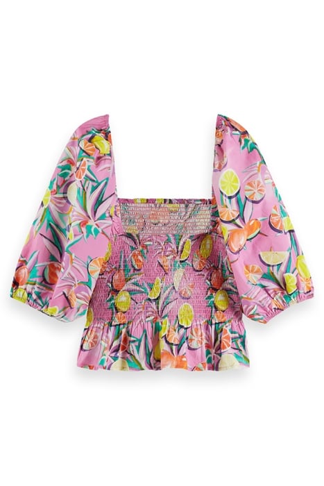 COTTON IN CONVERSION SMOCKED PUFF SLEEVE TOP CITRUS SQUASH O 2