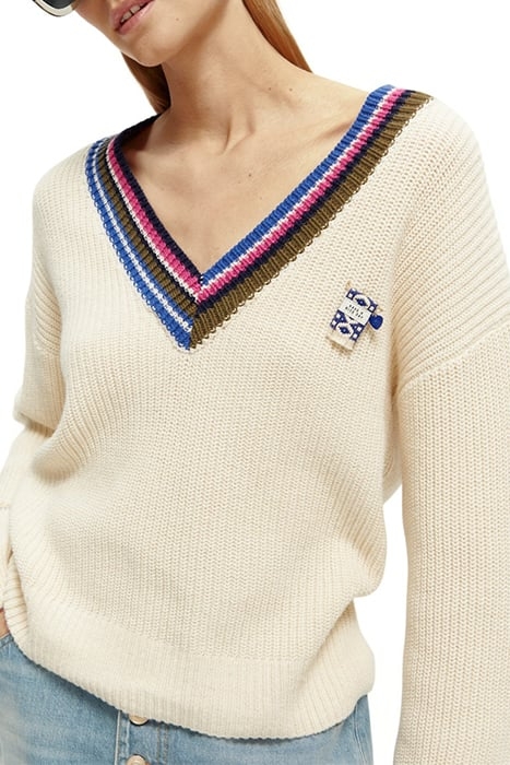 COLOURED TRIM V-NECK PULLOVER WHITE SAND MELANGE 5