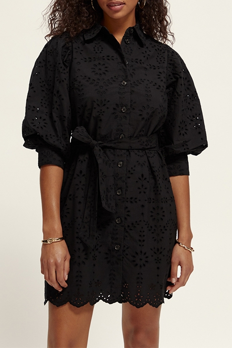 PUFF SLEEVE EMBROIDERED ORGANIC COTTON SHIRT DRESS BLACK 2