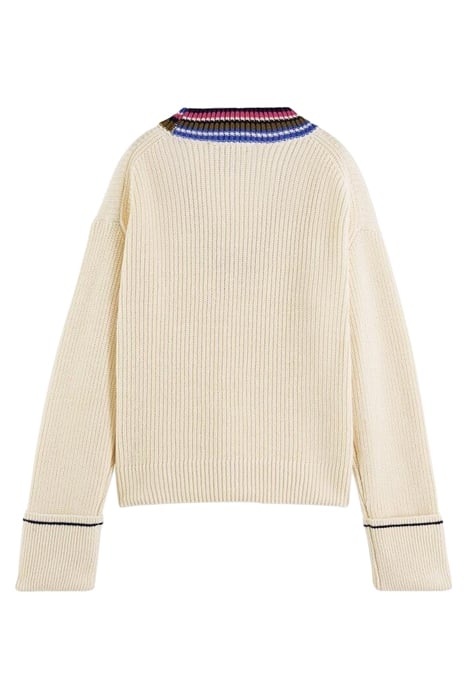 COLOURED TRIM V-NECK PULLOVER WHITE SAND MELANGE 7