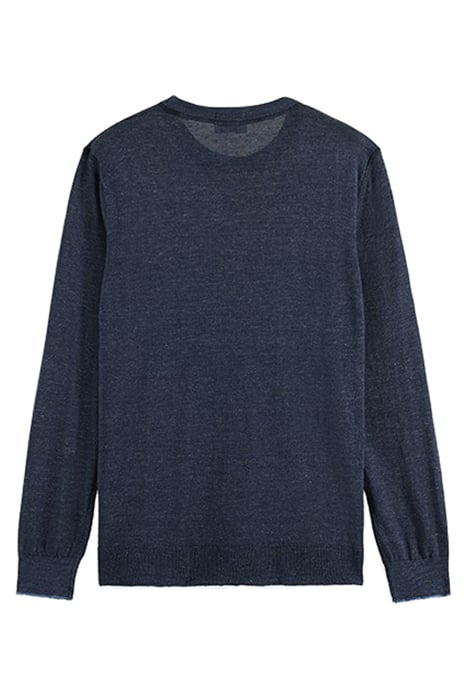 LINEN BLEND CREWNECK PULLOVER WITH FLATLOCK DETAILS NAVY MEL 2
