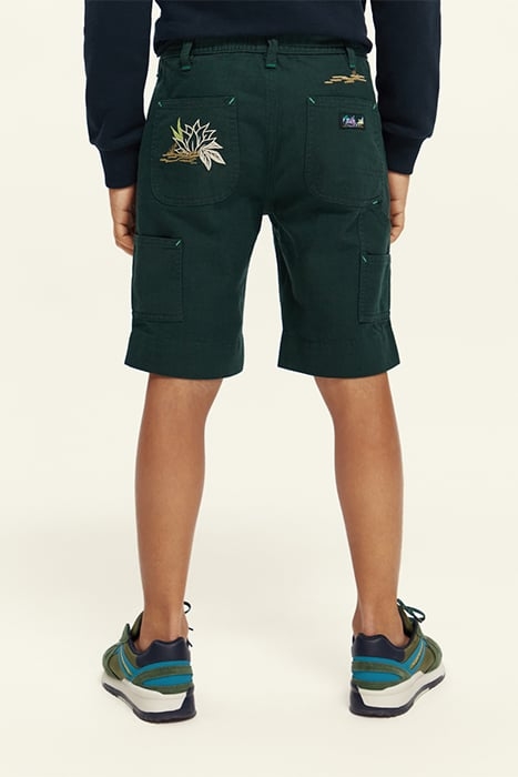 EMBROIDERED ARTWORK COTTON LINEN WORKER SHORTS FOREST 3