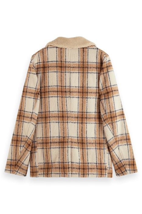 WOOL BLEND TEDDY LINED PEACOAT OFFWHITE CAMEL CHECK 6