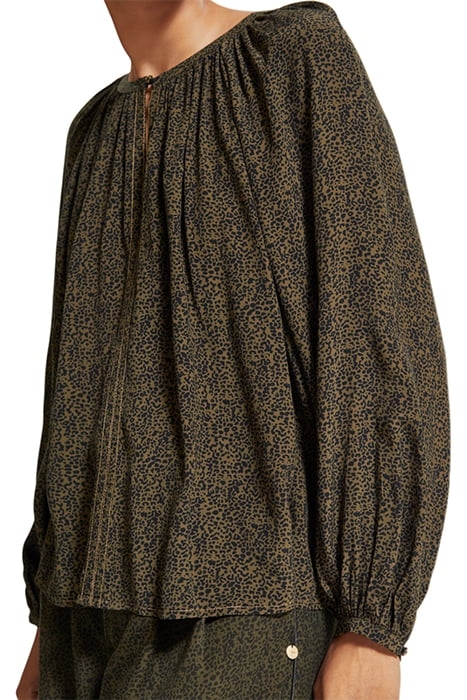 PRINTED BALLOON SLEEVE EMBROIDERED TOP LEOPARD SPOT GREEN 6