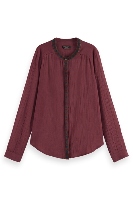 COLLARLESS SHIRT WITH A NECK AND PLACKET TRIM BORDEAUX 4