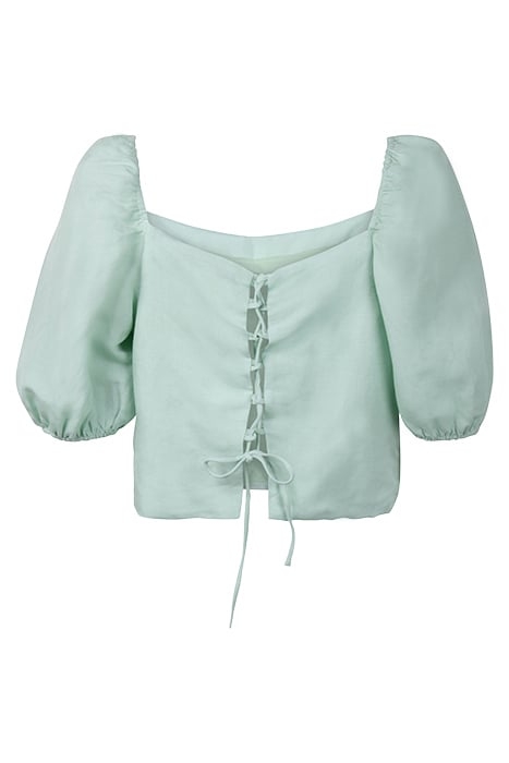 JESSICA LACE UP SQUARE NECK LINEN TOP GREEN 2