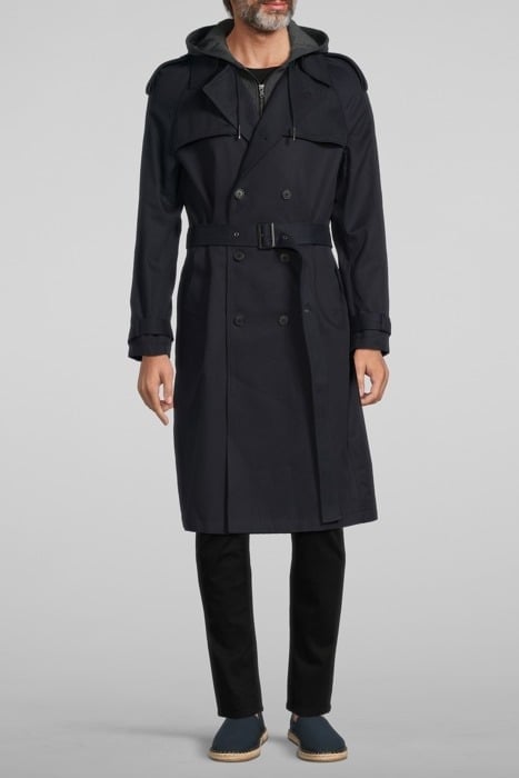 DARK NAVY LONG TRENCH COAT WITH GREY HOOD FACING NAVY 1