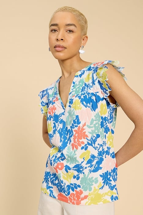 TEA WOVEN FRILL TOP WHITE PRINTED 1