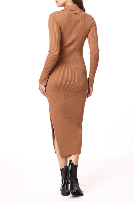 HENLEY MOCK NECK DRESS MEDIUM BROWN W/ IVORY CONTRAST 5