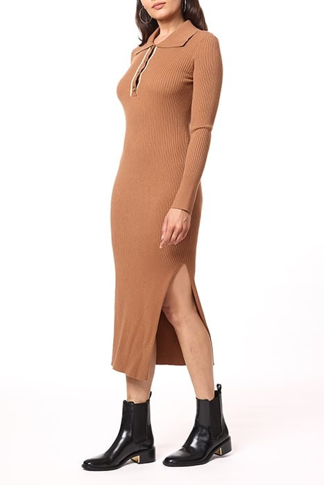 HENLEY MOCK NECK DRESS MEDIUM BROWN W/ IVORY CONTRAST 6