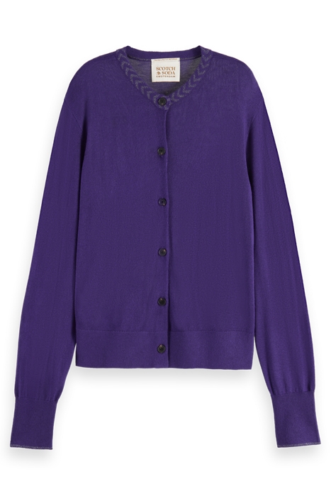 JACQUARD TRIM CREW NECK CARDIGAN AUBERGINE 1