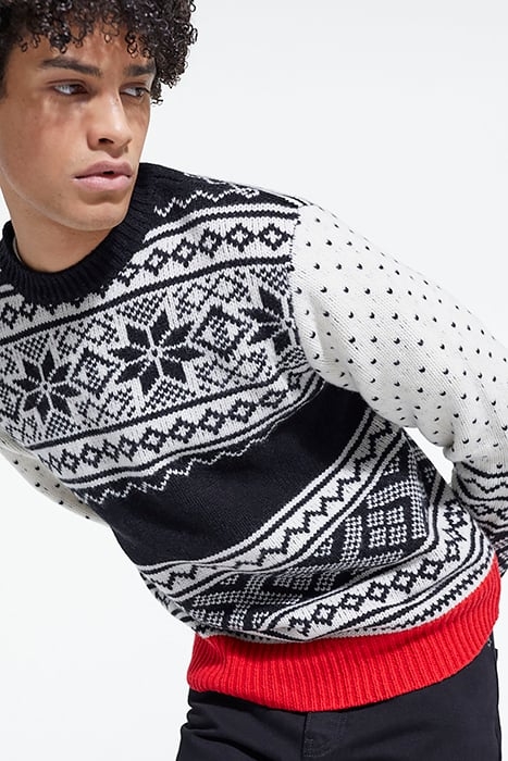 PULL COL ROND JACQUARD AVEC RIB CONTRASTE BLACK RED OFF WHIT 6