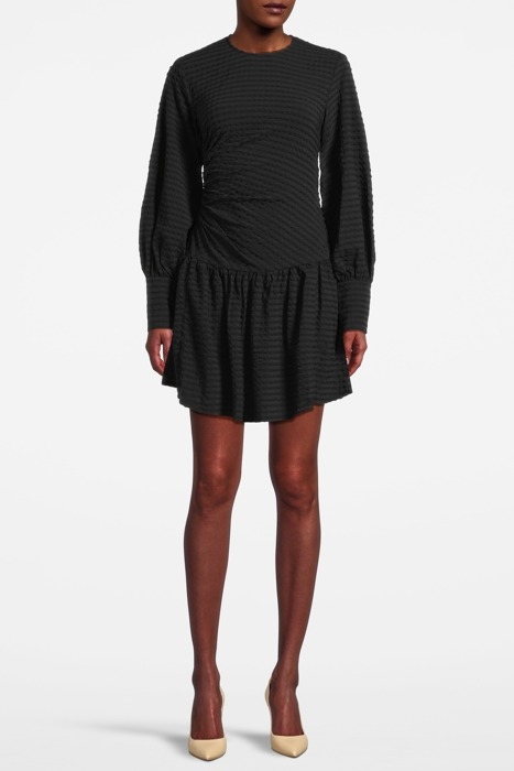 STRETCH SEERSUCKER GATHERED MINI DRESS BLACK 1