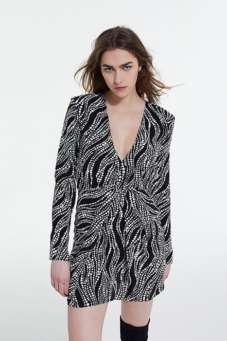 ROBE COURTE MANCHES LONGUES IMPRIME PEARLS BLACK WHITE 1