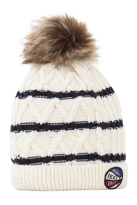 BABY BOYS’ ECRU STRIPED KNIT BEANIE & SNOOD, BALL BADGE OFF- 2